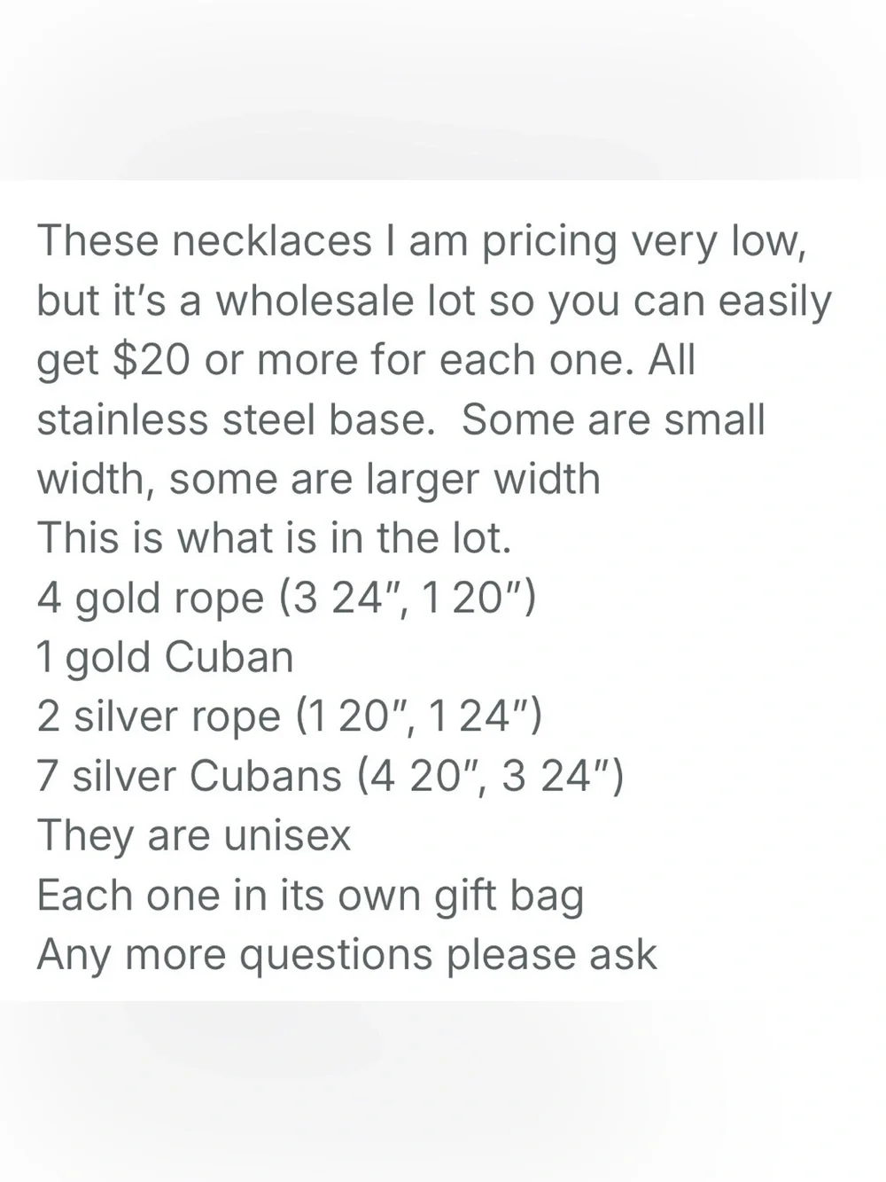 Wholesale lot of 14 Cuban & Rope Chains in Organza Bags -stainless 20-24” unisex